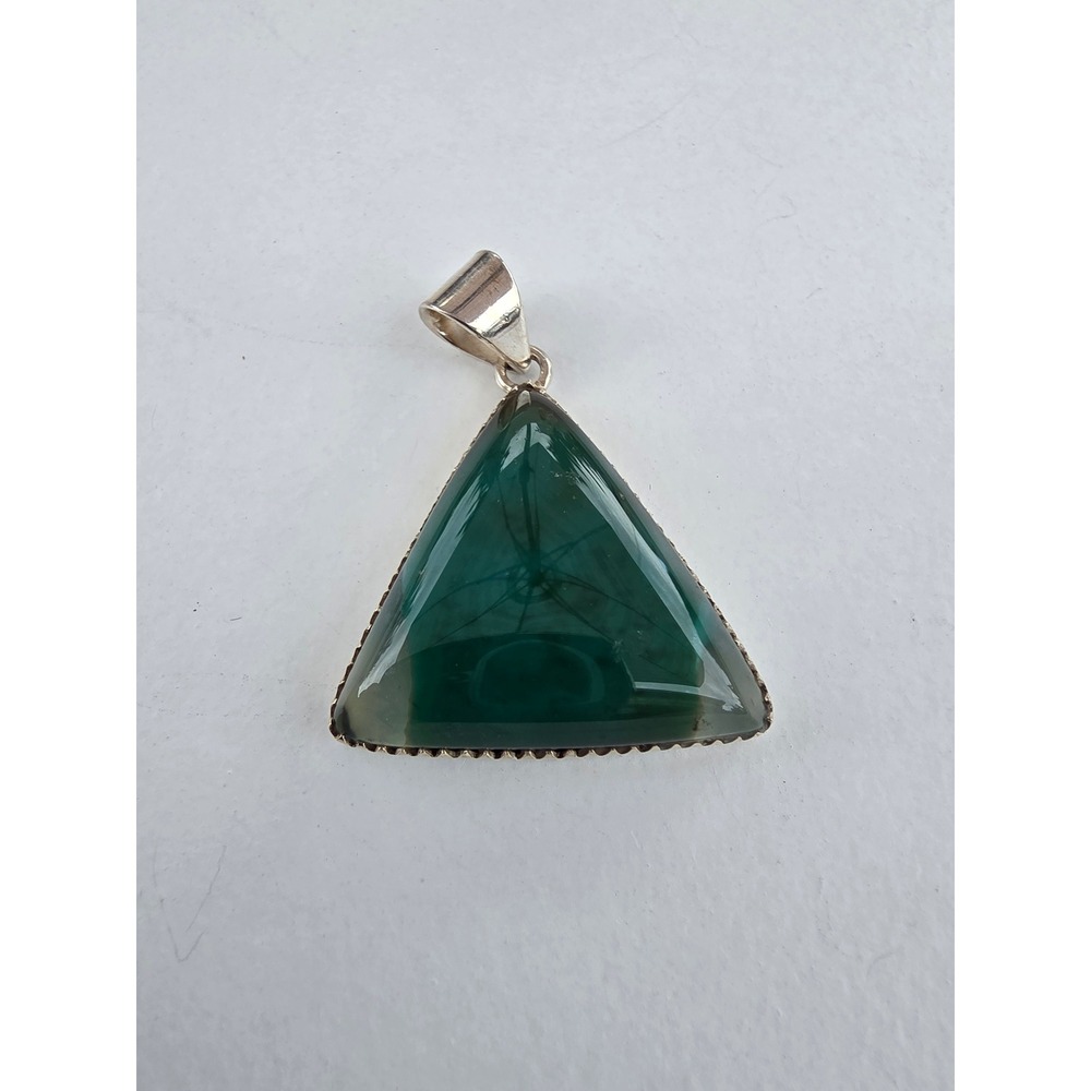 Vintage Sterling Silver 925 Green Agate Triangle Sawtooth Bezel Pendant 0.32oz
